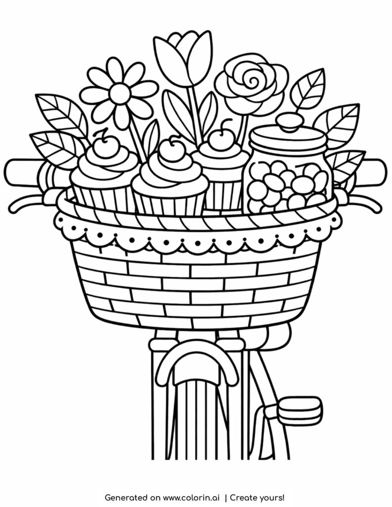bicycle basket with flowers cupcakes and candy jar coloring page