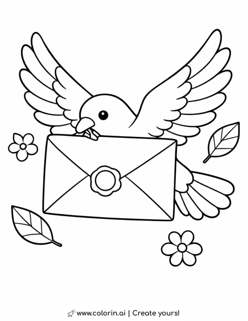 bird carrying sealed letter coloring page with floating leaves and small flowers