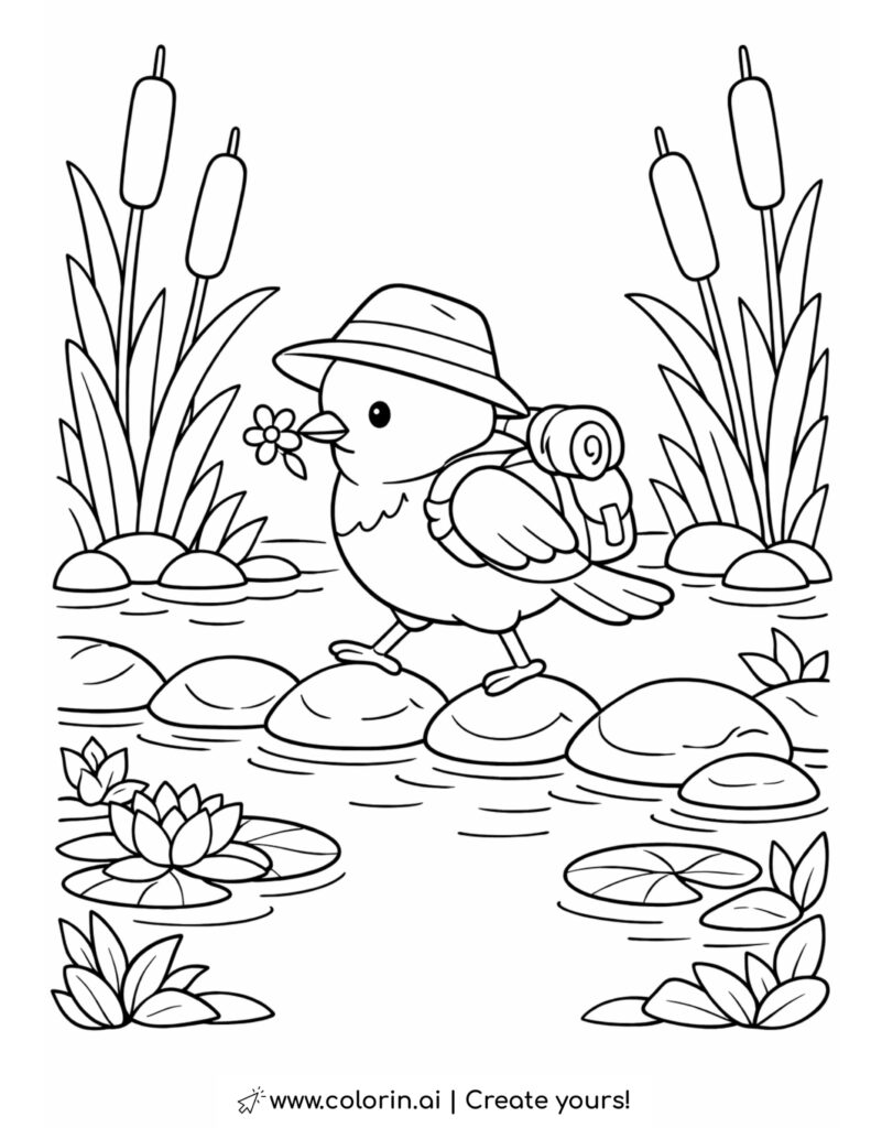 bird explorer walking on pond stones coloring page with reeds lily pads and water plants