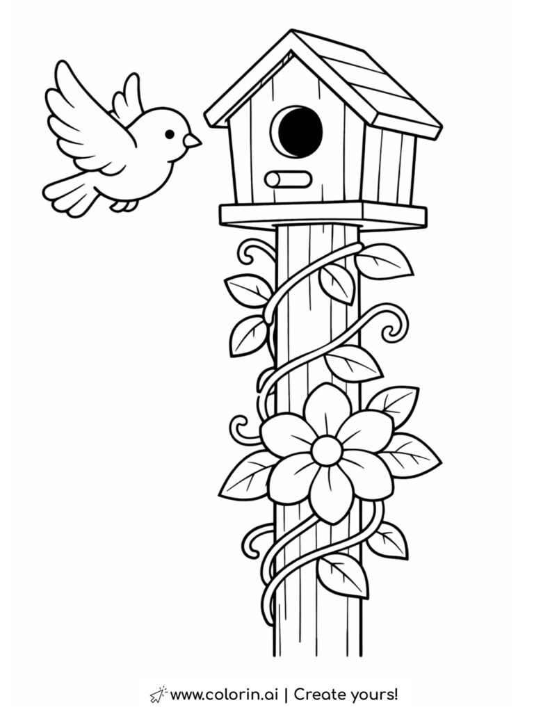 bird flying around birdhouse coloring page with vines and flower on post coloring page