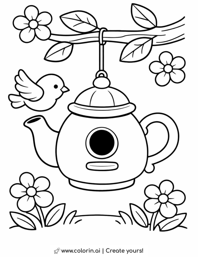 bird flying around teapot birdhouse coloring page hanging from branch with flowers coloring page