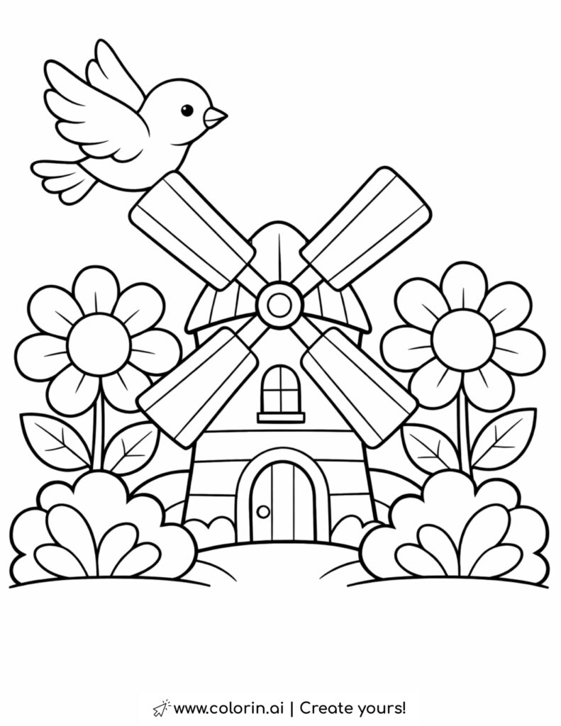 bird flying around windmill coloring page with flowers and garden plants coloring page