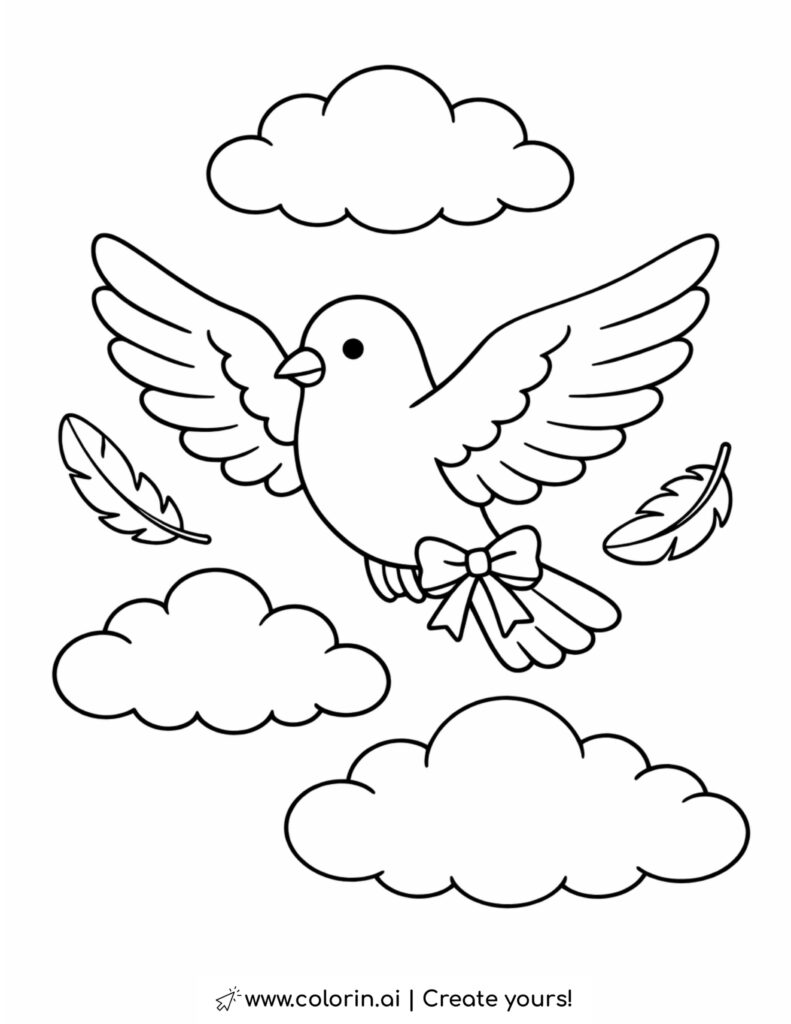 bird flying between clouds coloring page with floating feathers and fluffy clouds