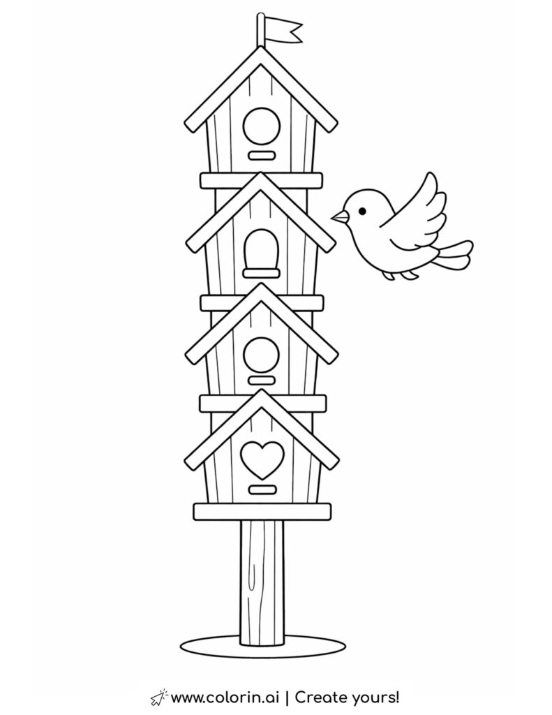 bird flying near birdhouse tower coloring page with stacked birdhouses