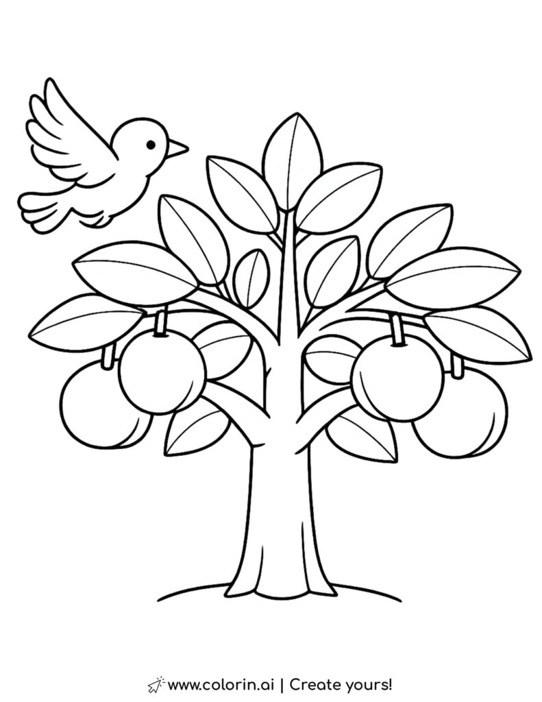 bird flying near fruit tree coloring page with leaves and hanging fruits