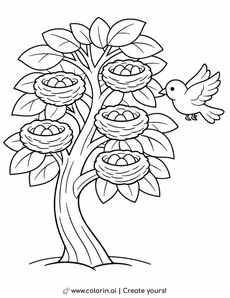 bird flying near nest tree coloring page with multiple nests and eggs in branches coloring page