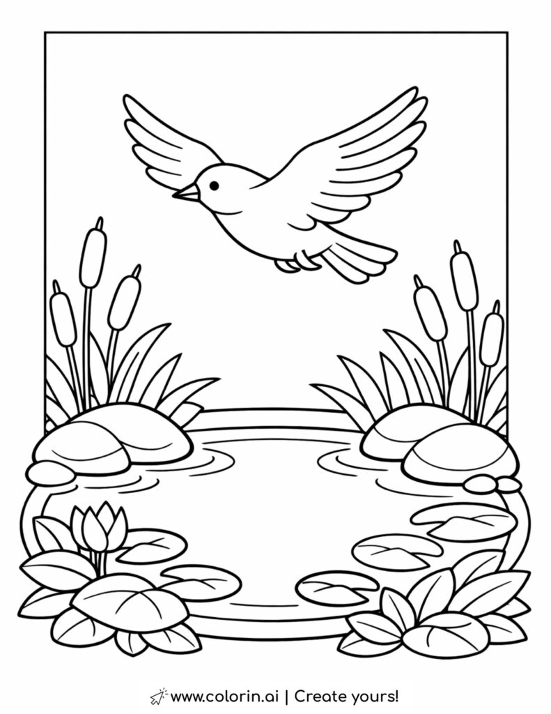 bird flying over small pond with reeds and lily pads coloring page