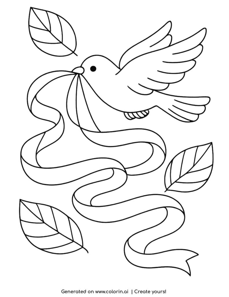 bird flying with long ribbon and leaves coloring page