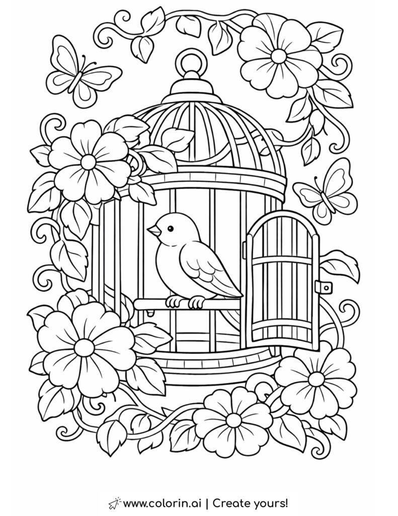 bird in open flower cage coloring page surrounded by flowers vines and butterflies coloring page