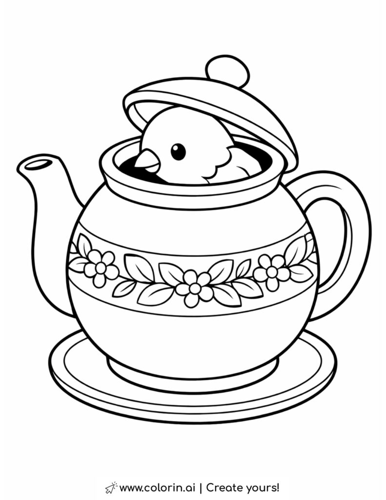 bird inside teapot coloring page with floral decorations and teacup base