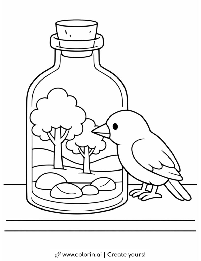 bird looking into glass bottle with trees and rocks coloring page