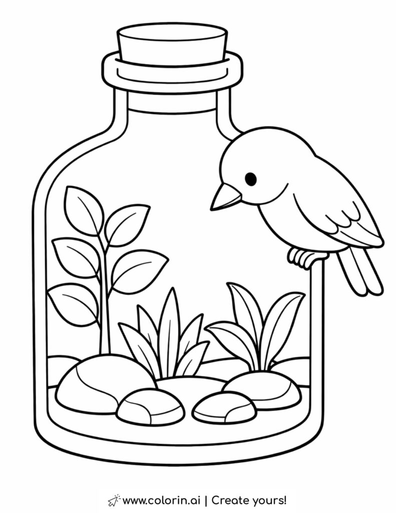 bird looking into bottle garden coloring page with plants and stones inside glass bottle