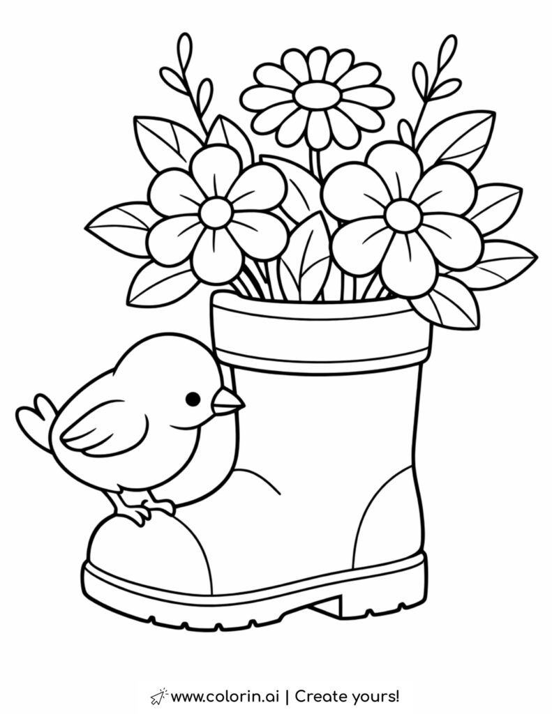 bird looking into flower garden boot coloring page with blooming flowers and leaves