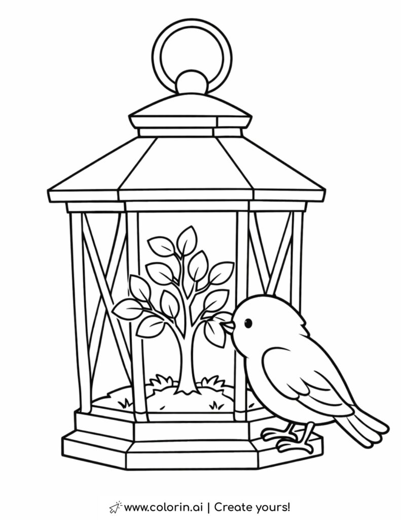 bird looking into garden lantern coloring page with small tree inside lantern coloring page