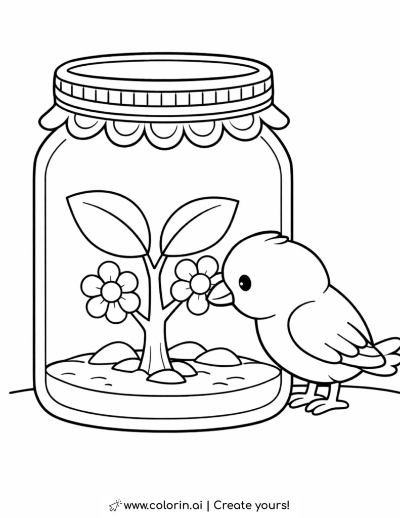 bird looking into glass jar garden coloring page with tiny tree and flowers inside jar coloring page