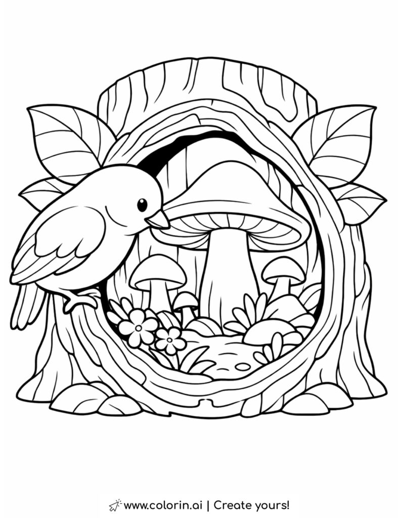 bird looking into hollow tree coloring page with mushrooms and forest plants coloring page
