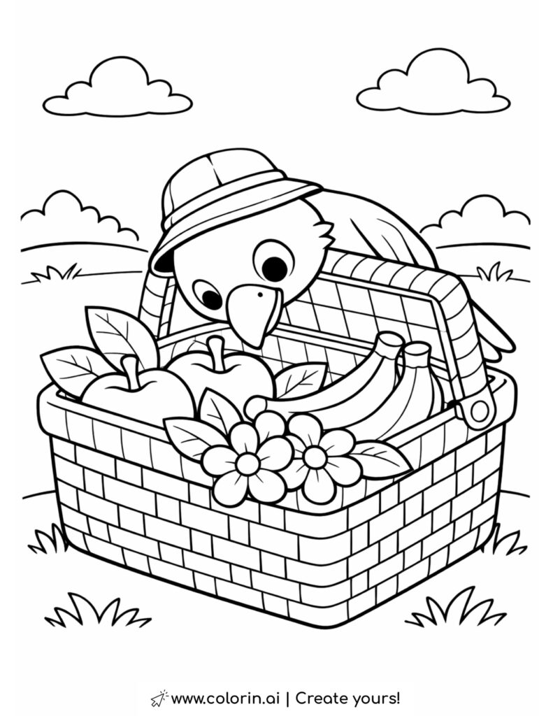 bird looking into picnic basket coloring page with fruit and flowers in basket coloring page