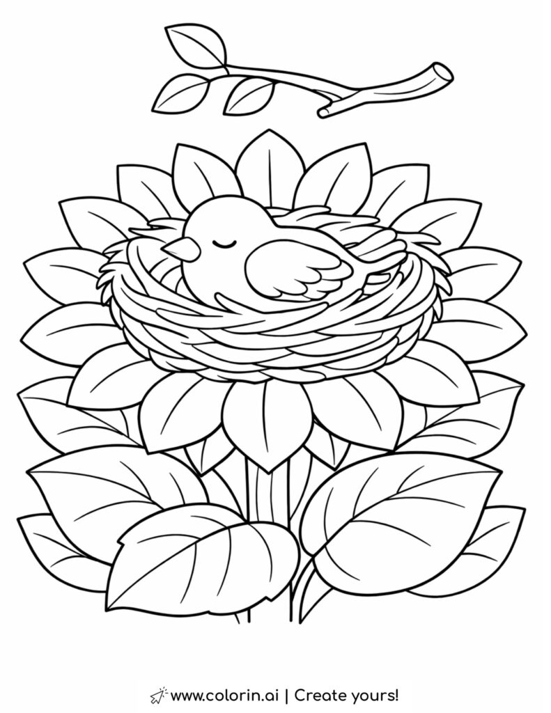 bird resting in nest on sunflower coloring page with large leaves and branch