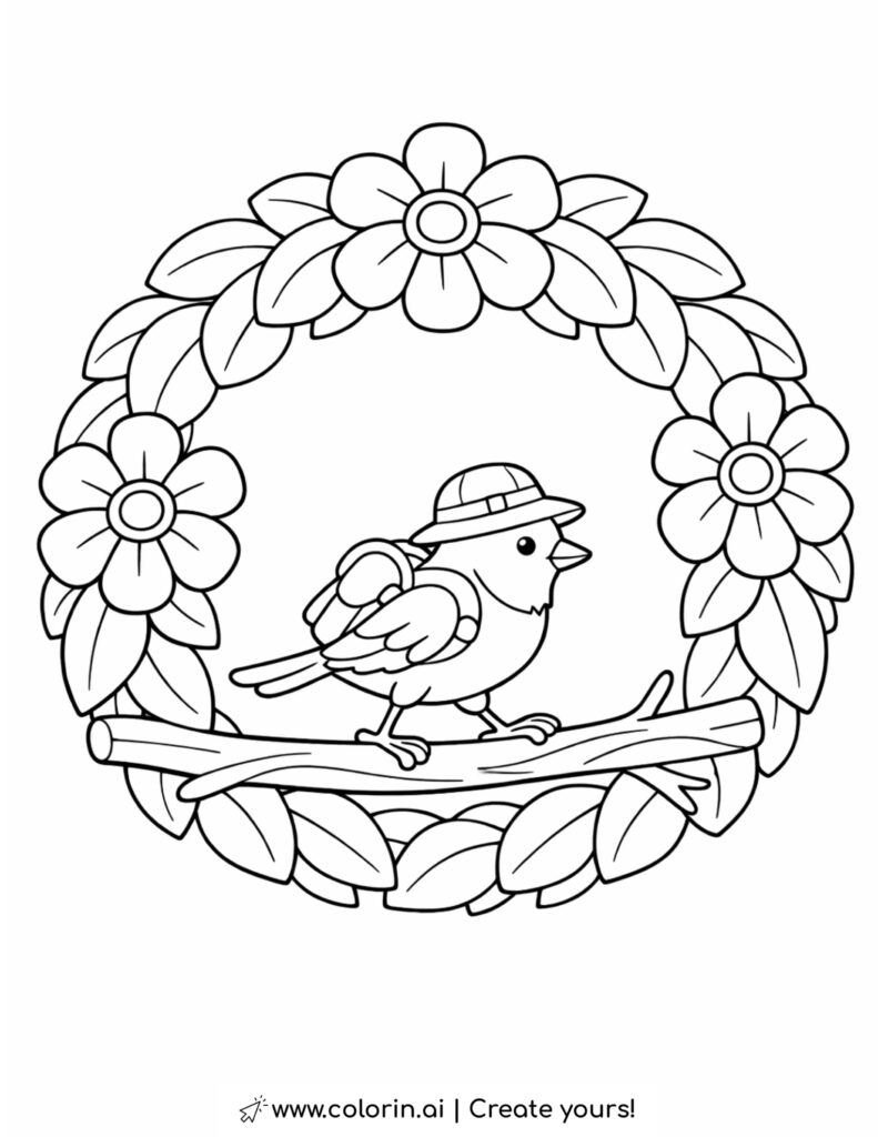 bird walking on branch inside floral wreath coloring page with flowers and leaves