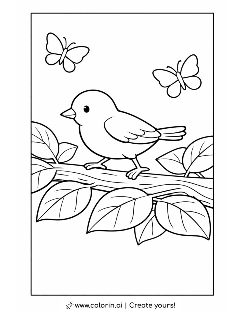 bird walking on leafy branch with butterflies coloring page