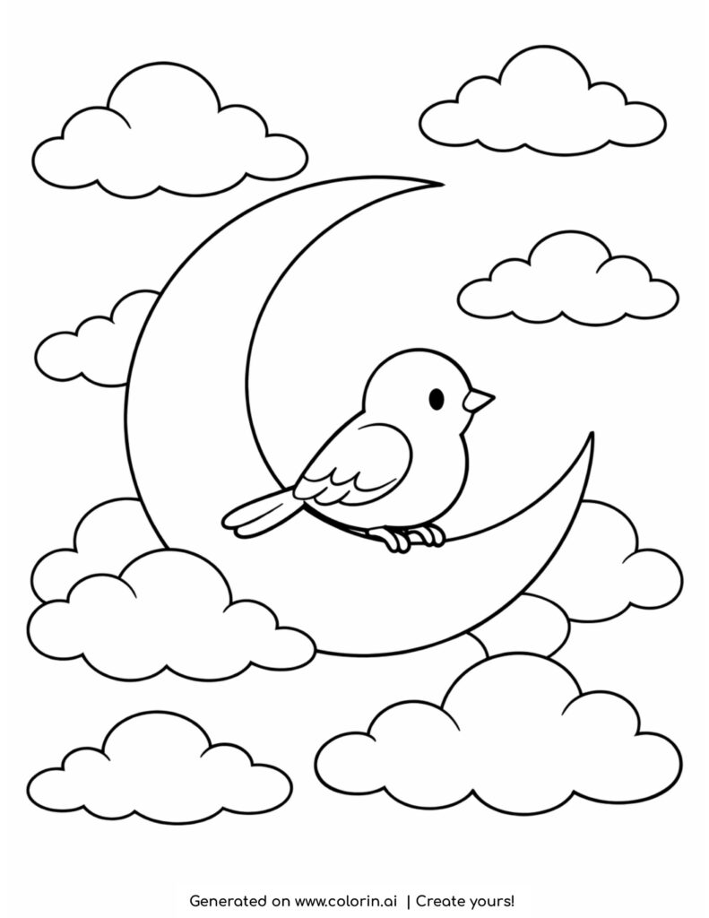 bird sitting on crescent moon with clouds coloring page