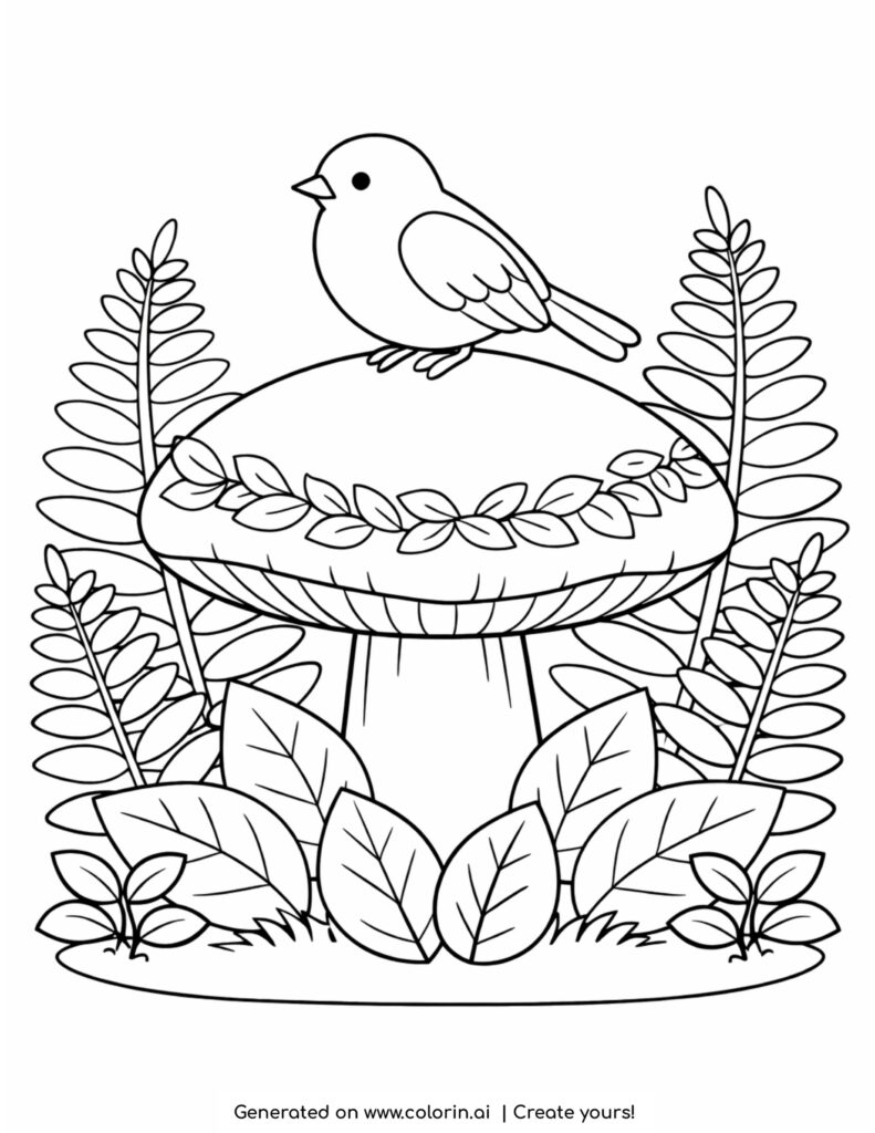 bird perched on large mushroom with leaves and ferns coloring page