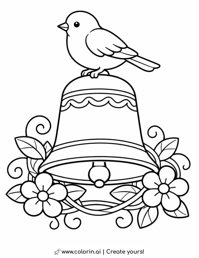 bird perched on decorative garden bell coloring page with flowers and vines