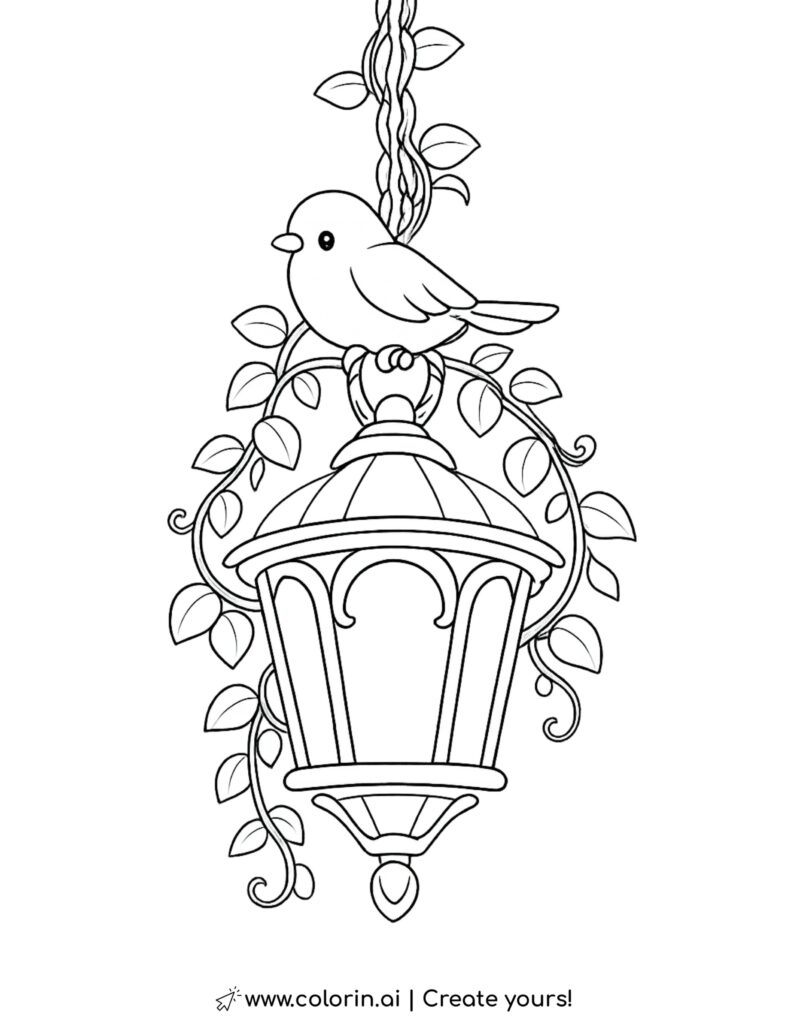 bird perched on hanging lantern coloring page with climbing vines