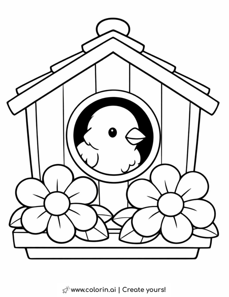 bird peeking from birdhouse window coloring page with flowers on the birdhouse shelf coloring page