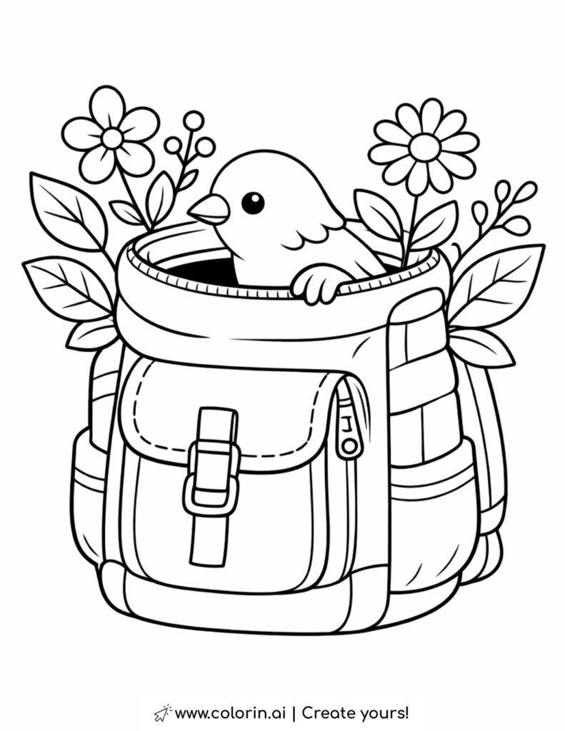 bird peeking from hiking backpack coloring page with flowers and leaves growing from backpack coloring page