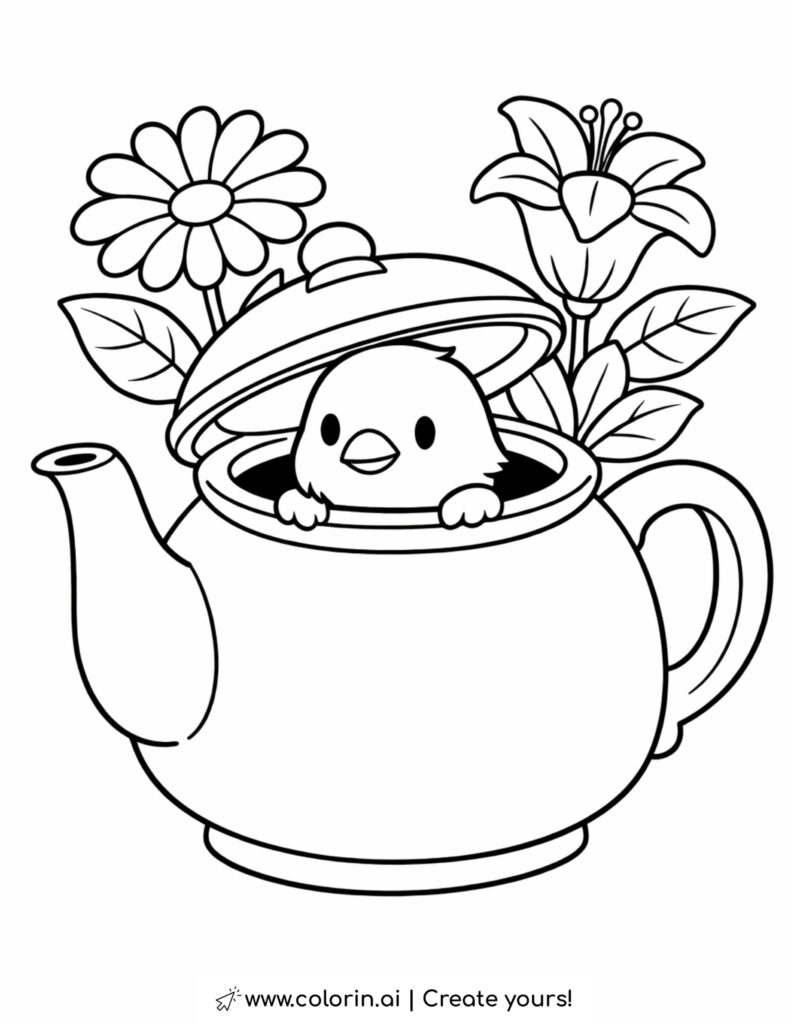 bird peeking from teapot coloring page with flowers and leaves behind the teapot