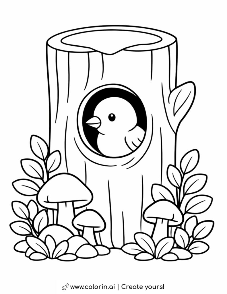 bird peeking from tree stump coloring page with mushrooms and forest plants