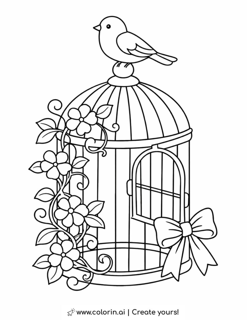 bird perched on open birdcage coloring page with vines flowers and decorative bow coloring page