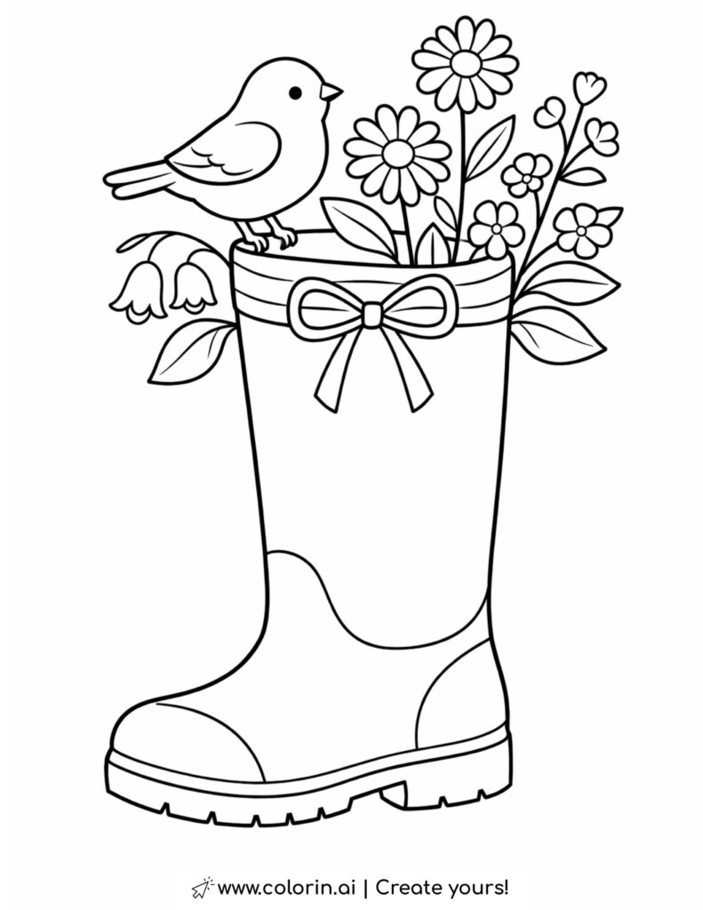 bird perched on rain boot coloring page with flowers growing from the boot coloring page