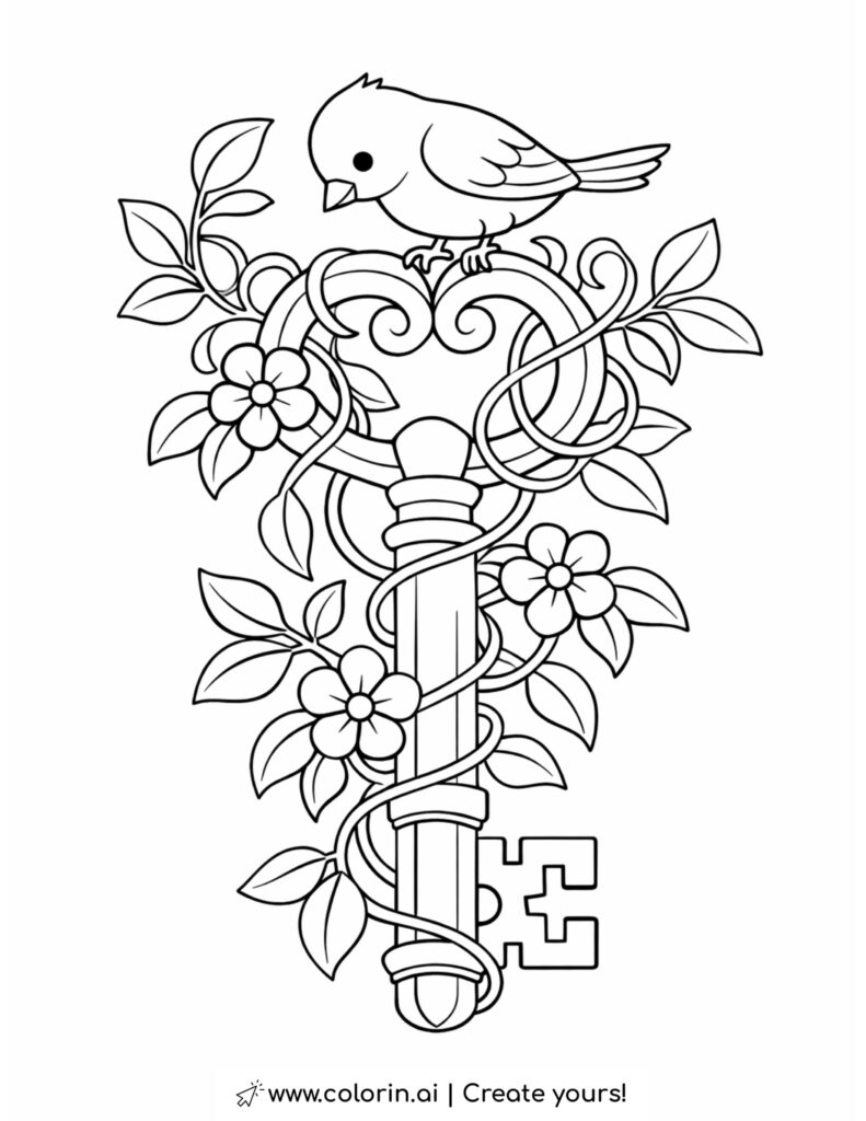 bird perched on vintage key coloring page with vines leaves and flowers coloring page