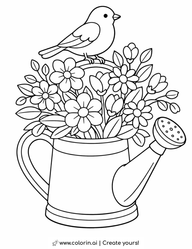 bird perched on watering can coloring page with blooming flowers and garden leaves