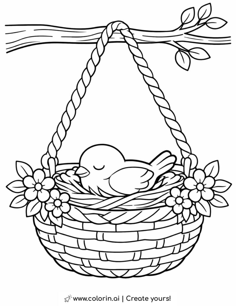 bird resting in hanging basket nest coloring page with flowers and leaves