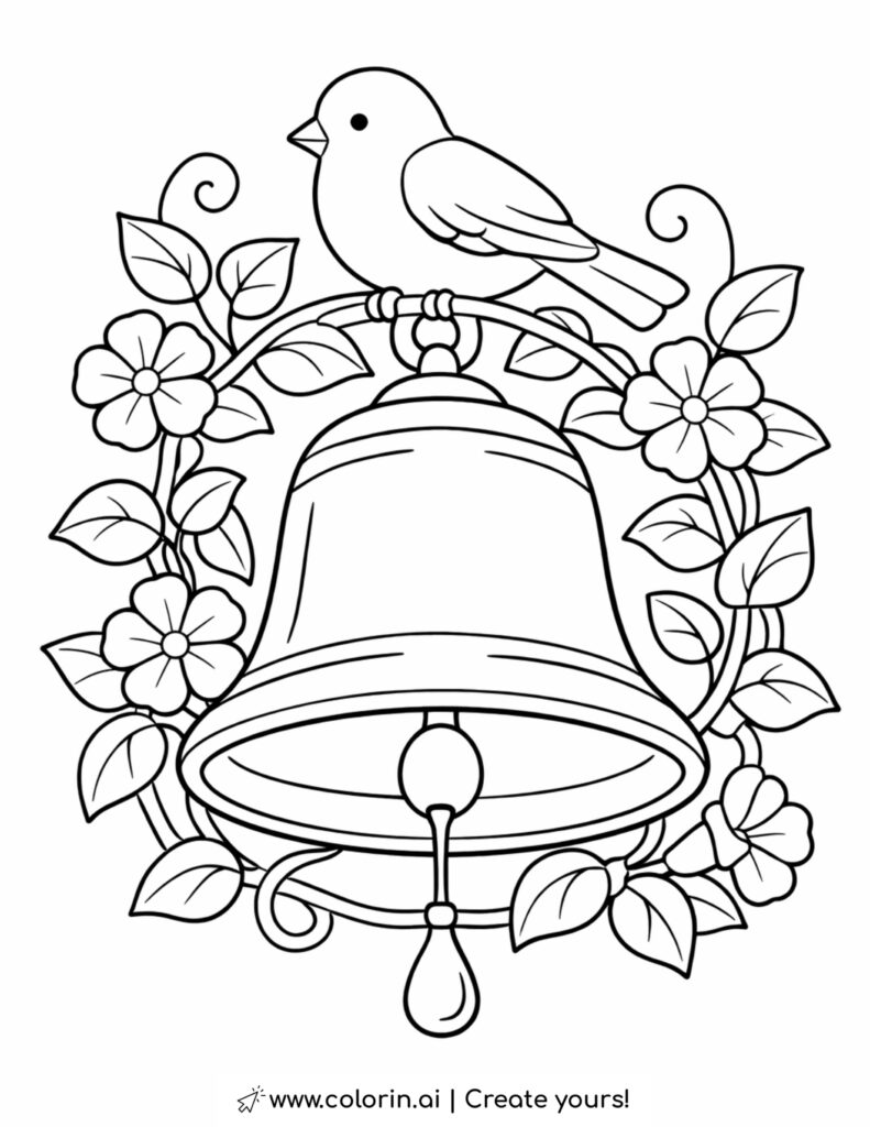 bird resting on garden bell coloring page surrounded by flowers and leafy vines coloring page