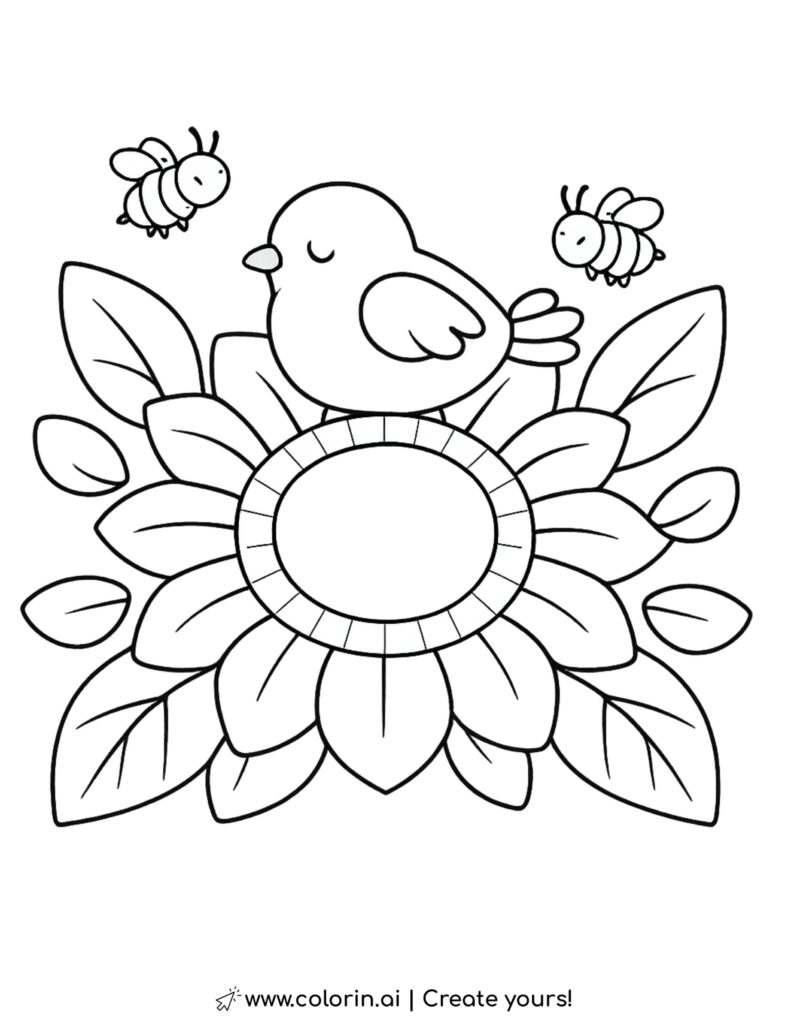 bird resting on sunflower with bees coloring page with petals leaves and large sunflower