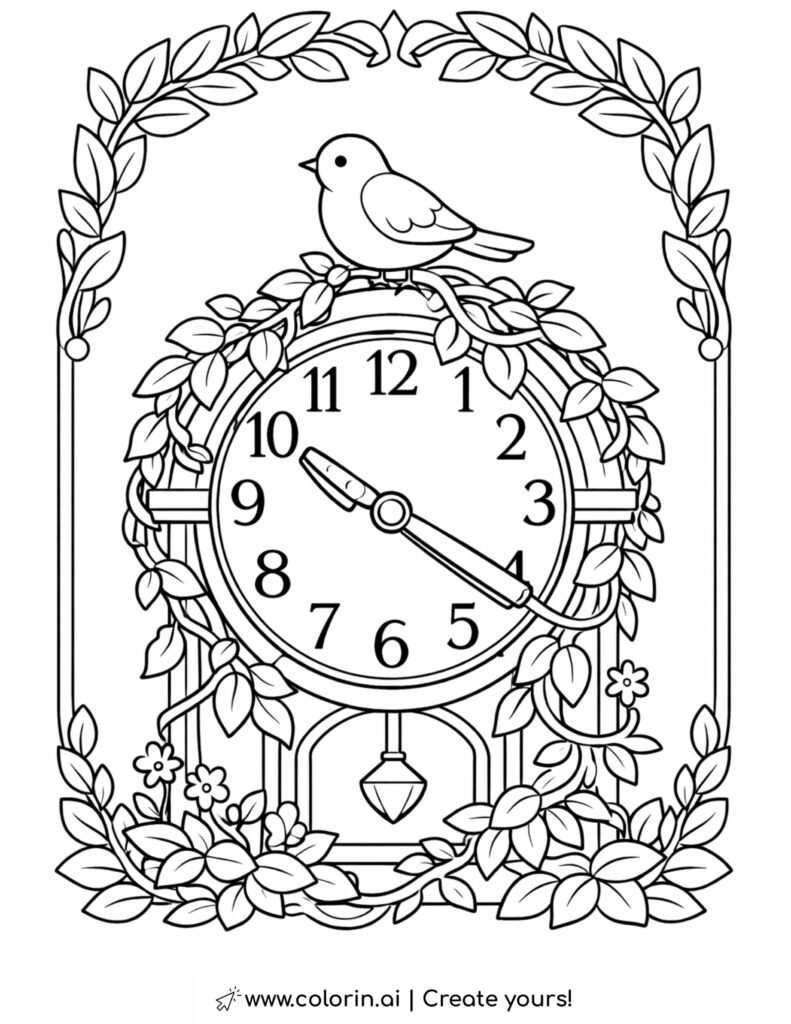 bird resting on vintage clock coloring page surrounded by leaves and vines coloring page