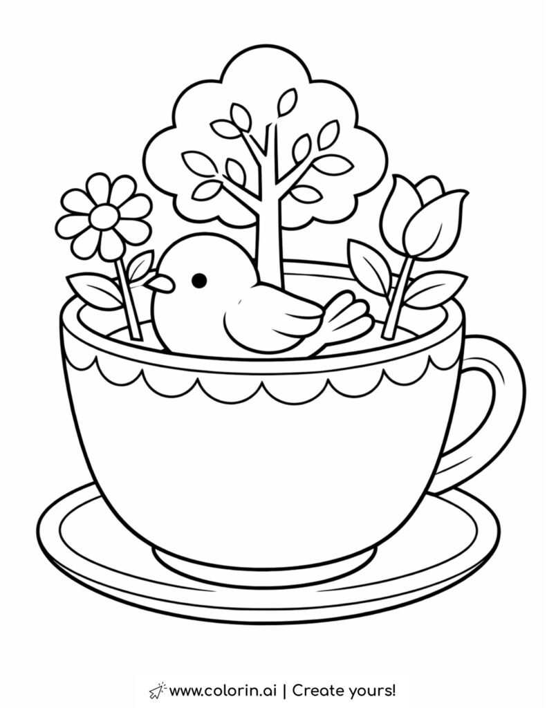 bird sitting in teacup garden coloring page with small tree and flowers coloring page