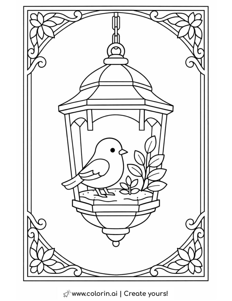 bird looking into flower garden boot coloring page with blooming flowers and leaves