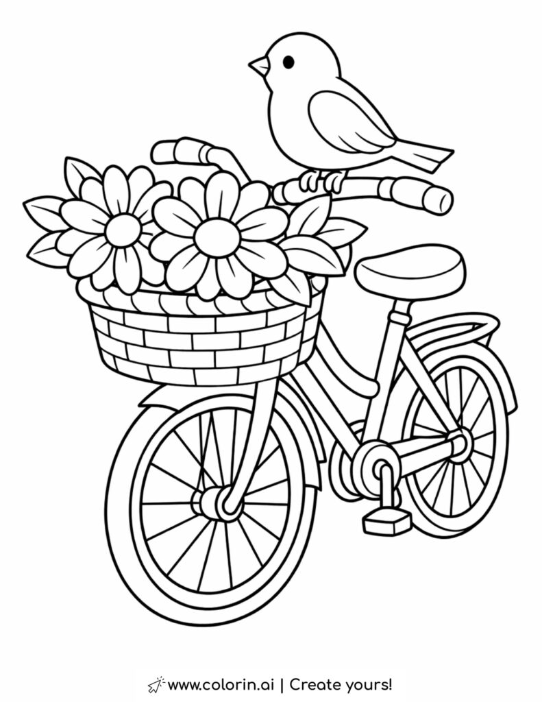 bird sitting on bicycle basket coloring page with flowers in front bike basket coloring page