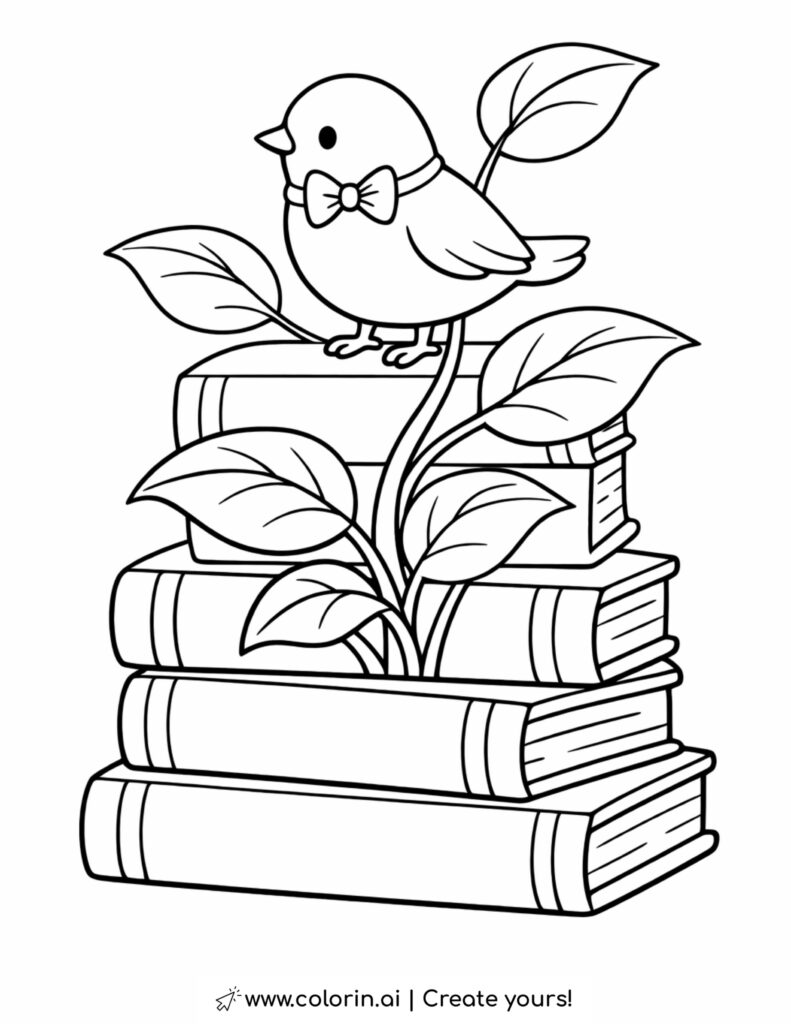bird sitting on book stack coloring page with plant leaves growing between books coloring page
