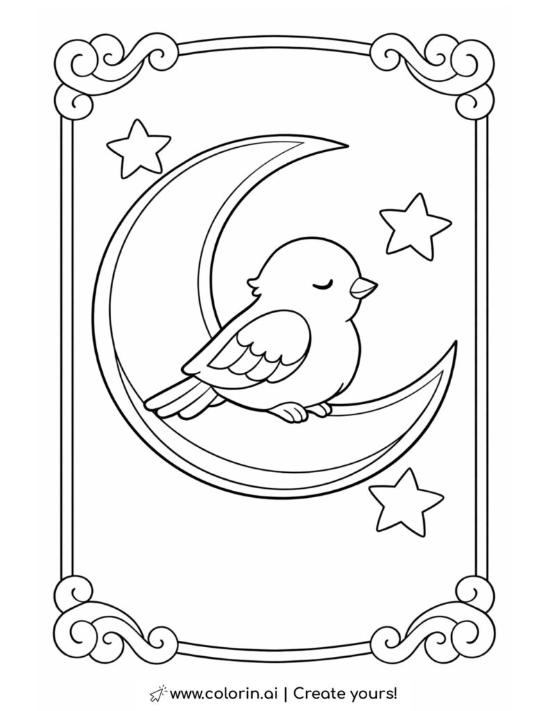 bird sitting on crescent moon coloring page with stars and decorative frame coloring page