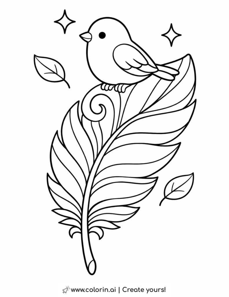 bird sitting on feather coloring page with stars and floating leaves