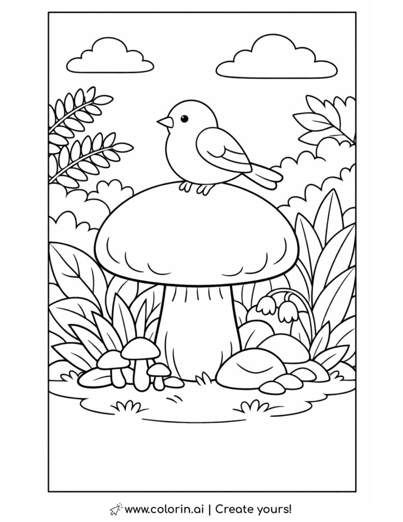 bird sitting on forest mushroom coloring page with plants and woodland mushrooms