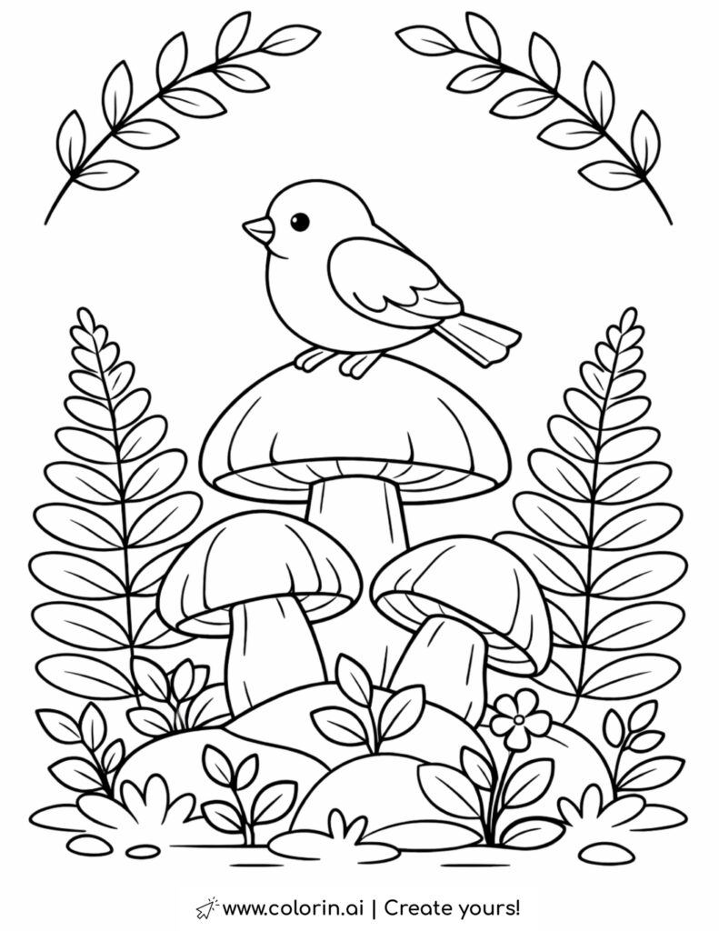 bird sitting on forest mushrooms coloring page with ferns and plants coloring page