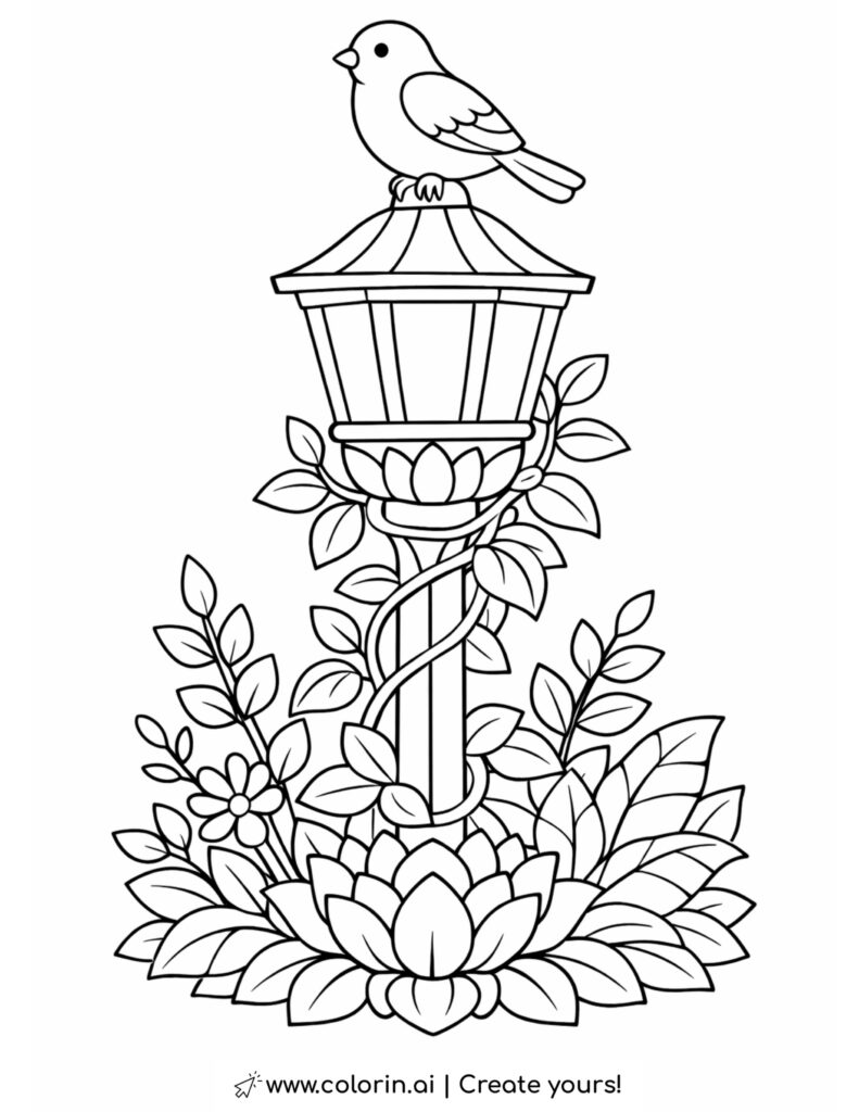 bird sitting on garden lamp coloring page with flowers and leaves around lamp coloring page
