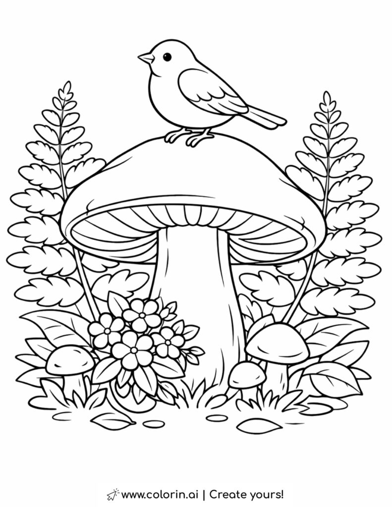 bird sitting on giant mushroom coloring page with forest plants and flowers